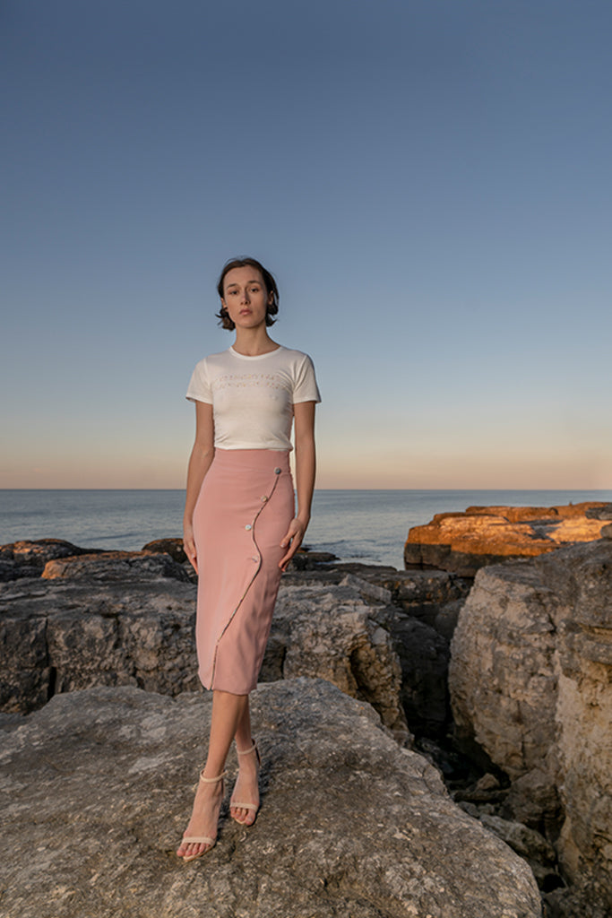 Mauve Pink Crepe Buttoned Pencil Skirt
