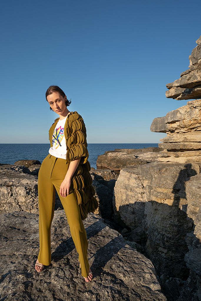 Moss Green Crepe Pleated Straight Leg Trousers