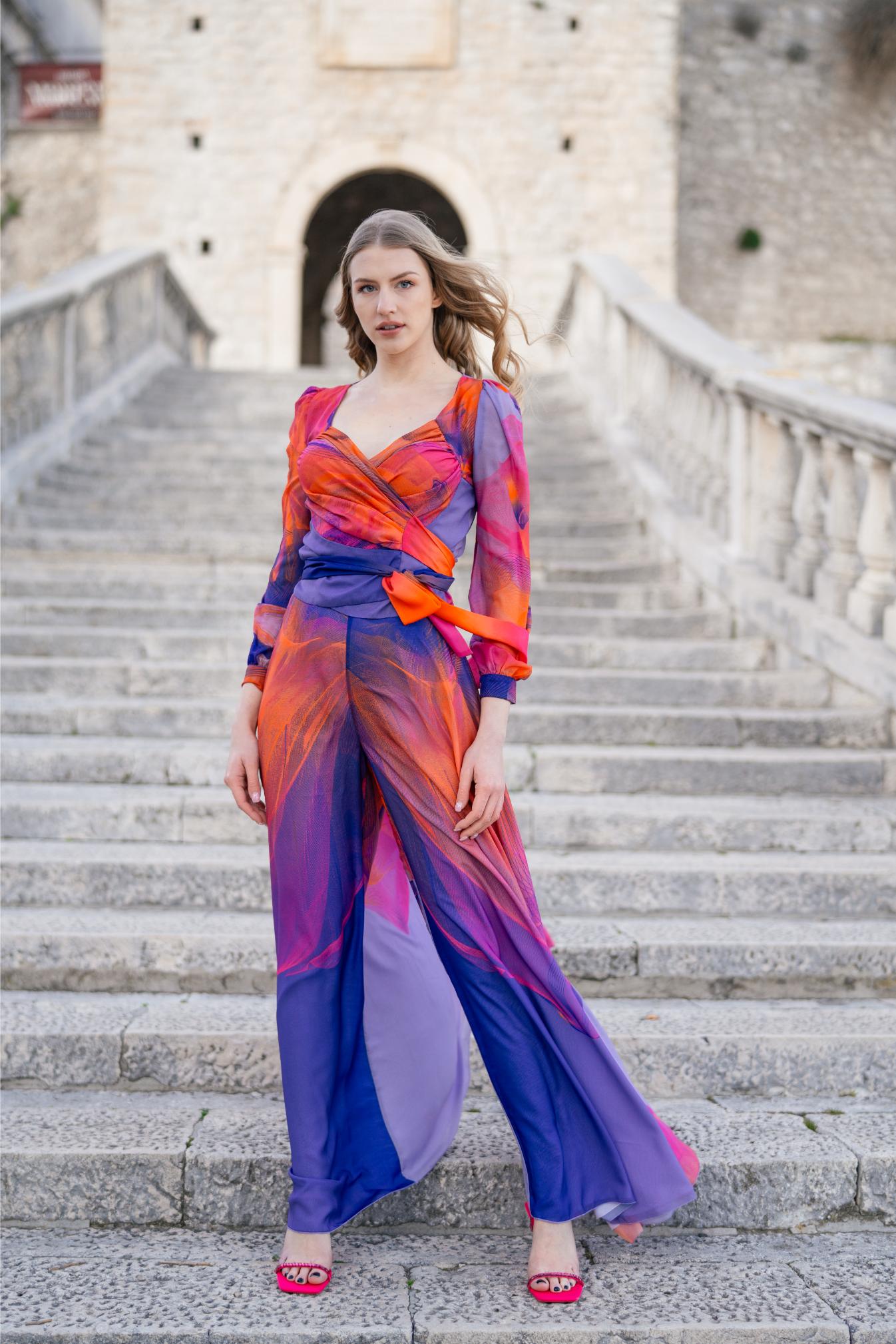 Multicolor Cinched Waist Chiffon Blouse