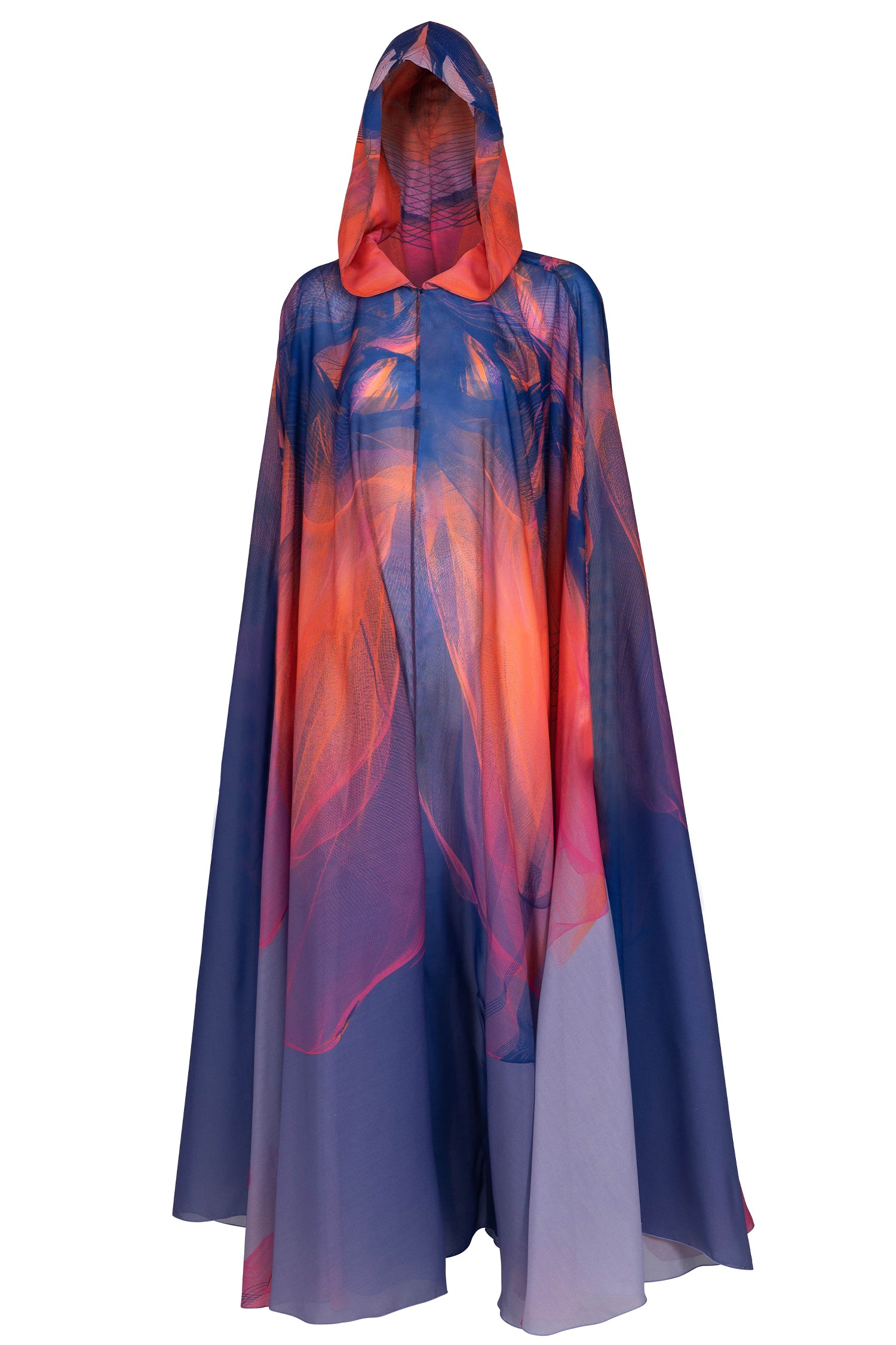 Multicolor Coral Sunset Print Hooded Abaya Cape