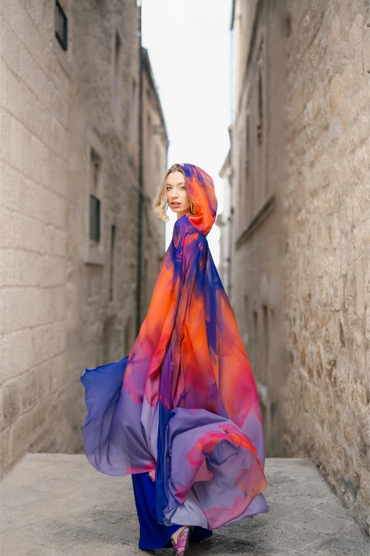 Multicolor Coral Sunset Print Hooded Abaya Cape
