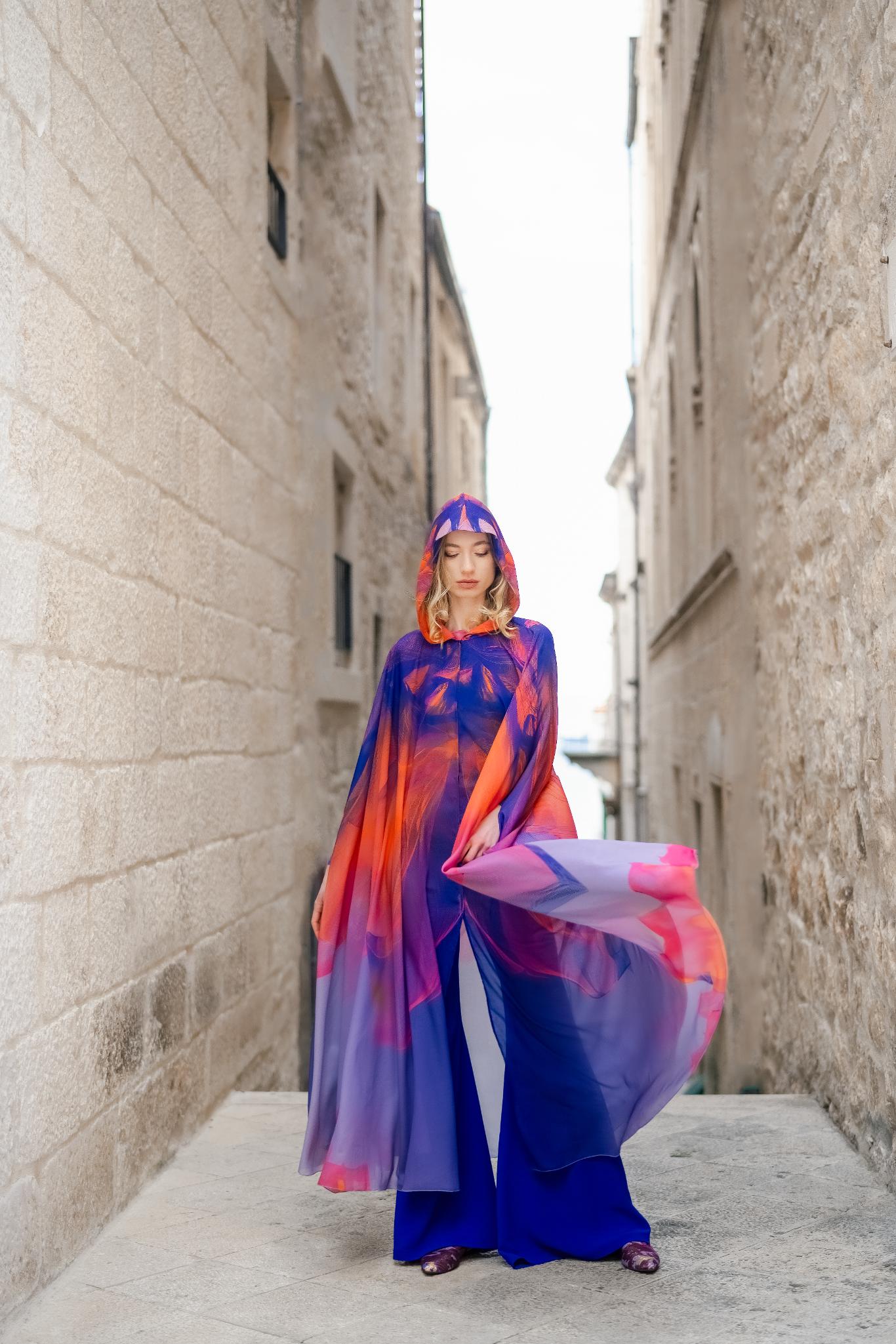 Multicolor Coral Sunset Print Hooded Abaya Cape