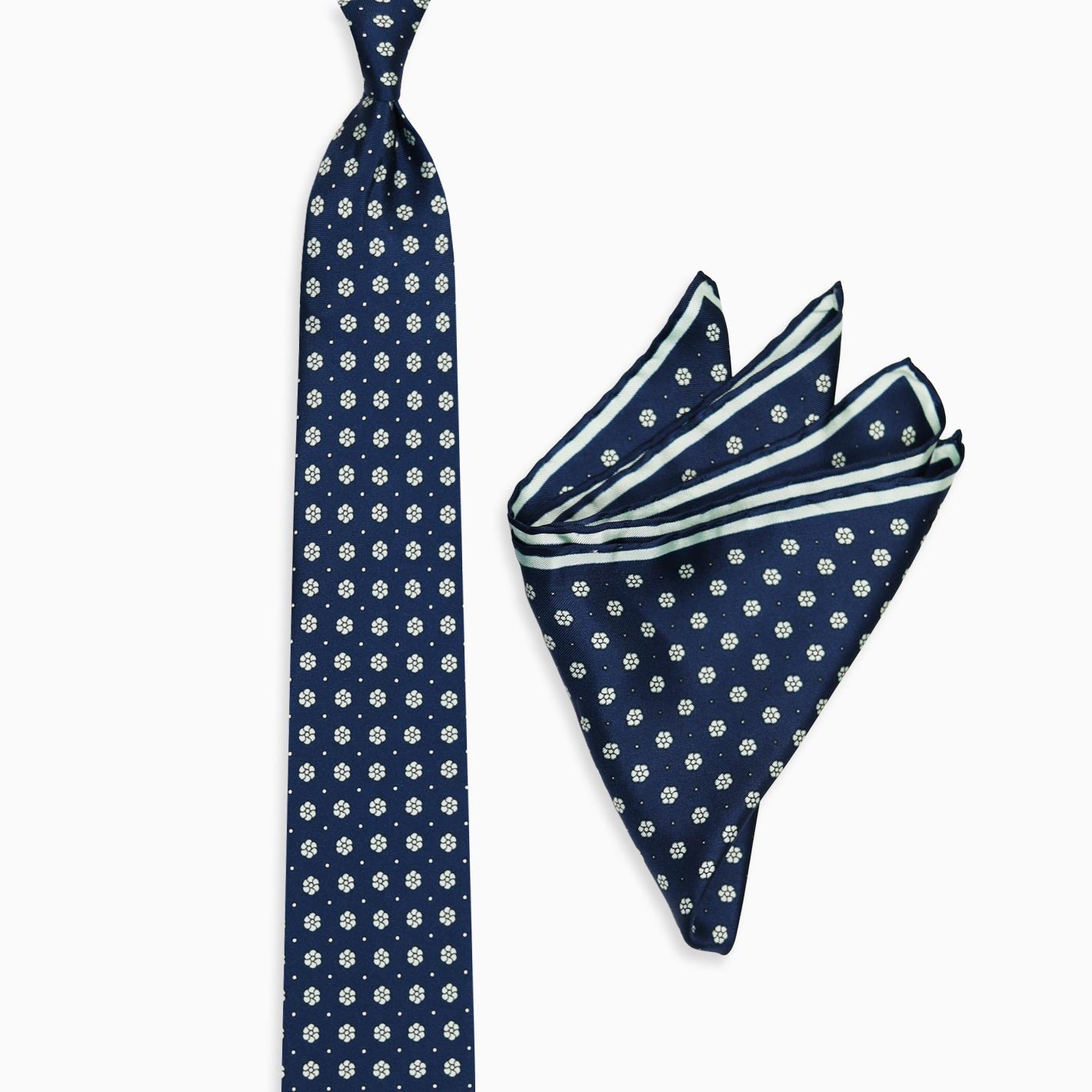 Navy Light Green Vijećnica Flower Tie Pocket Square Set