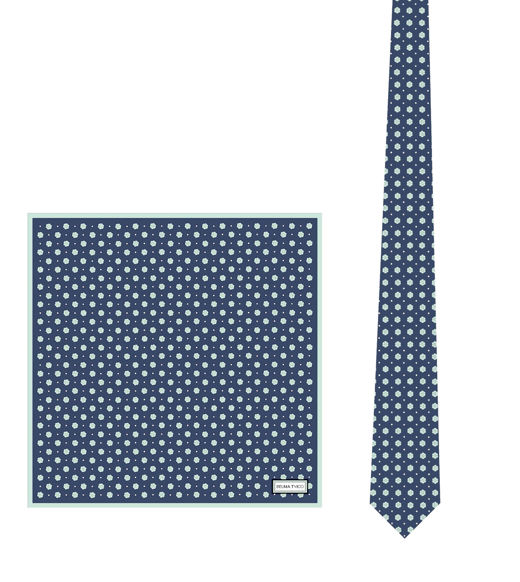 Navy Light Green Vijećnica Flower Tie Pocket Square Set