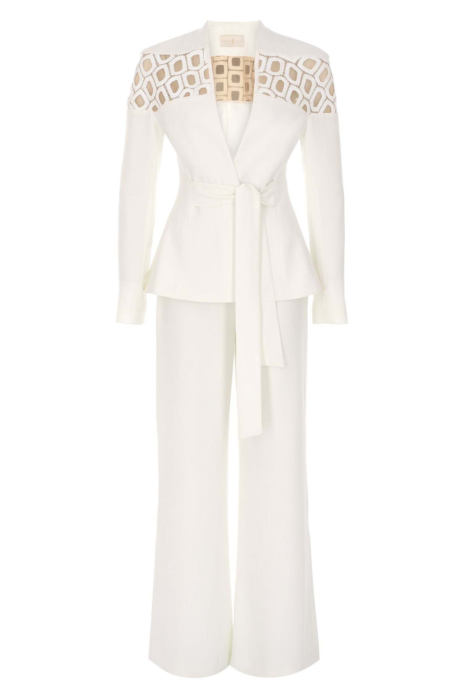 Off White Crepe Sequin Laser-cut Tailored Suit