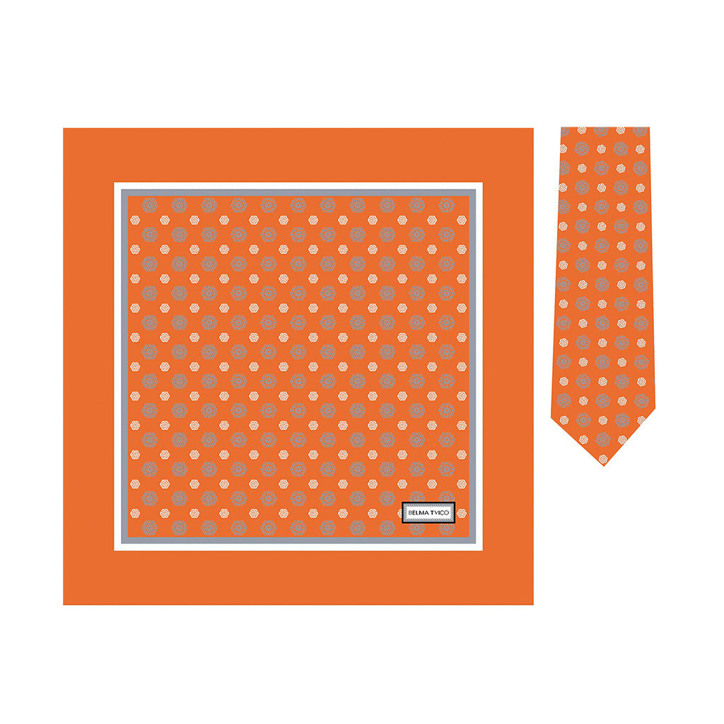 Orange Grey White Vijećnica Tie Pocket Square Set
