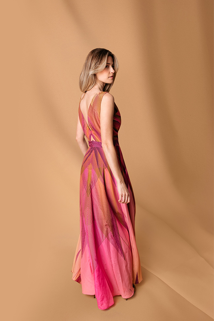Orange Pink Silk Cotton Maxi Dress