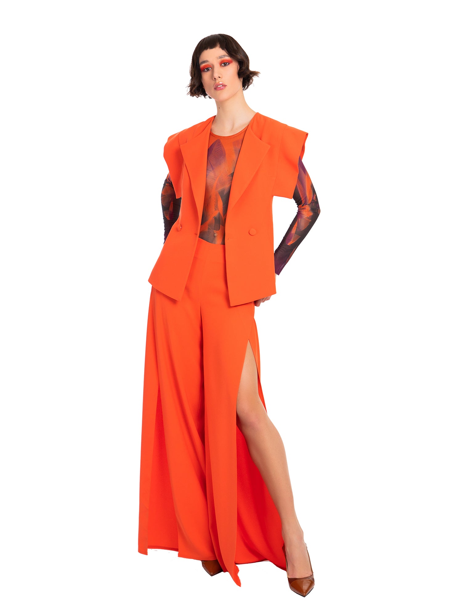 Orange Wide Lapels Short Sleeved Crepe Blazer