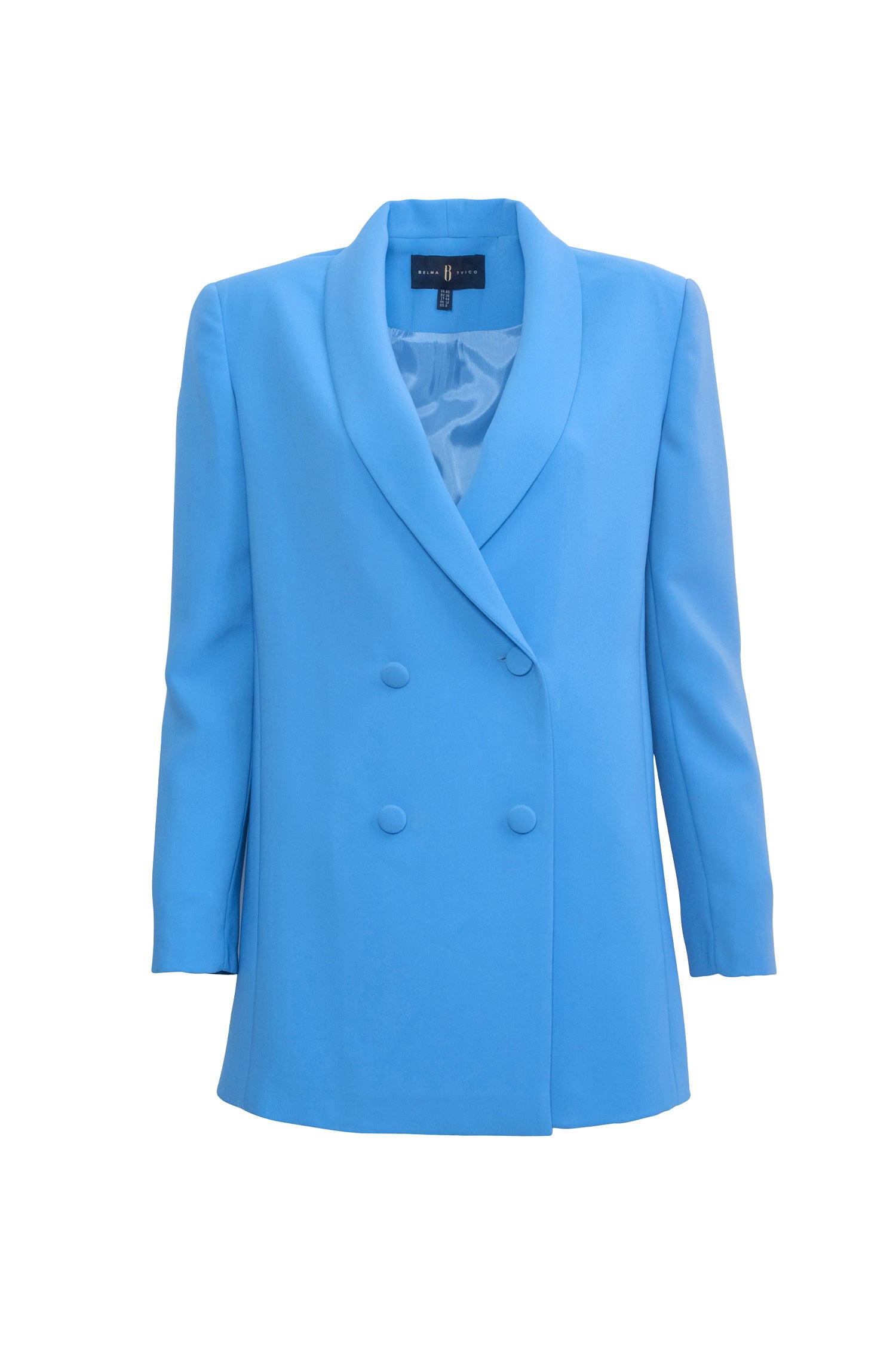 Pastel Blue Crepe Shawl Collar Double Breasted Blazer