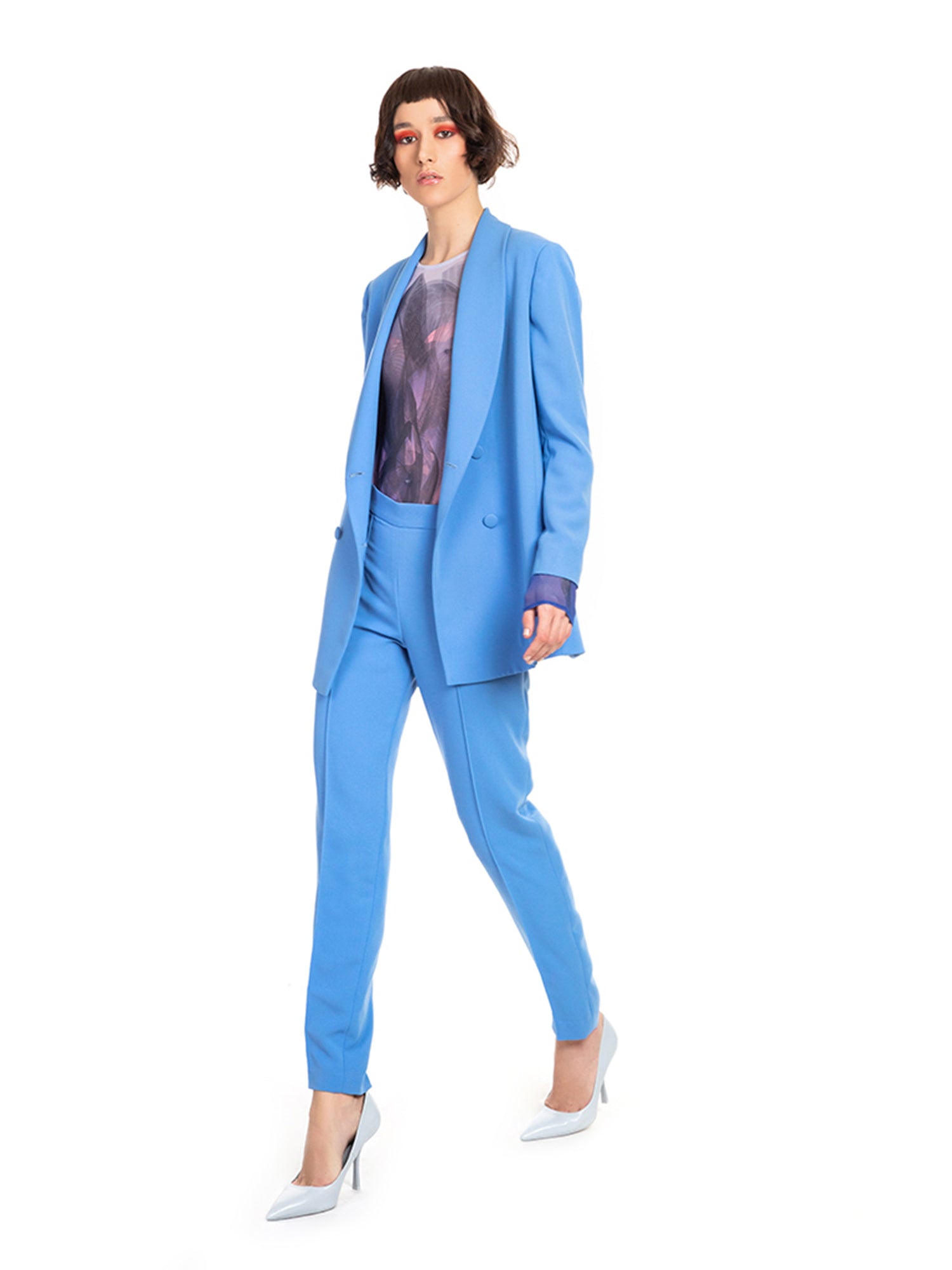 Pastel Blue Crepe Straight Leg Trousers