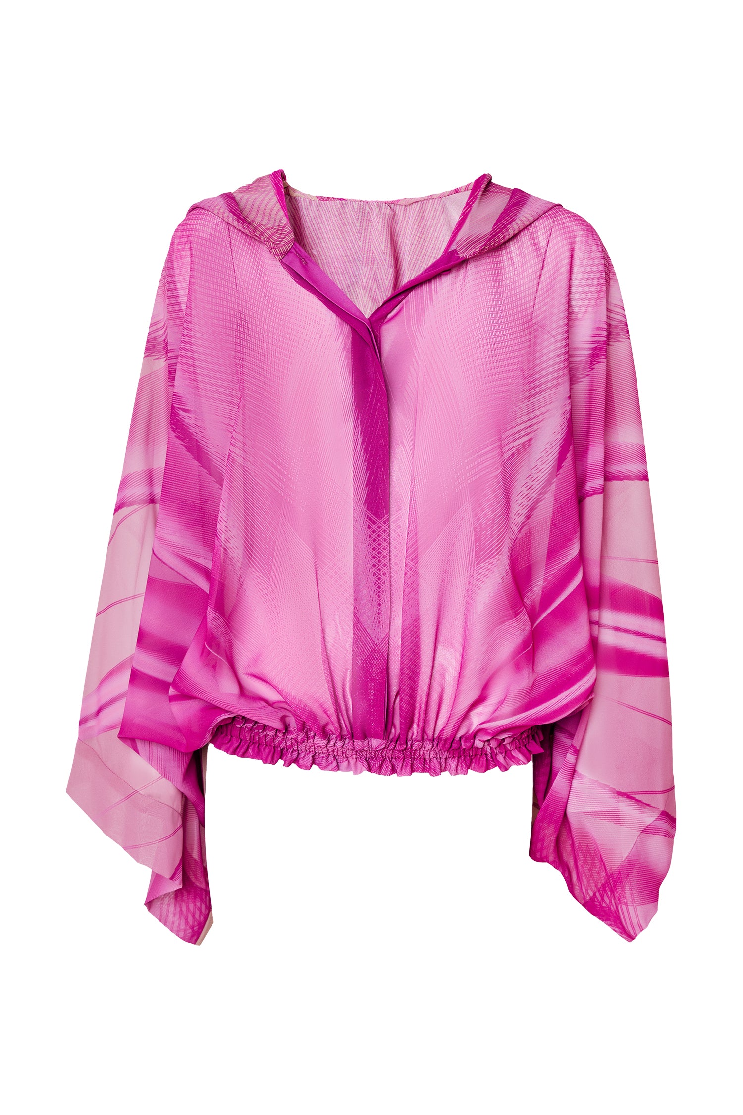 Pink Beige Printed Chiffon Hooded Blouse