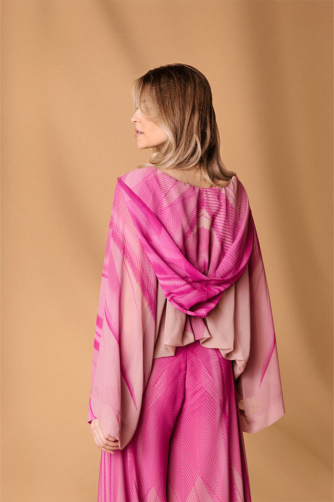 Pink Beige Printed Chiffon Hooded Blouse