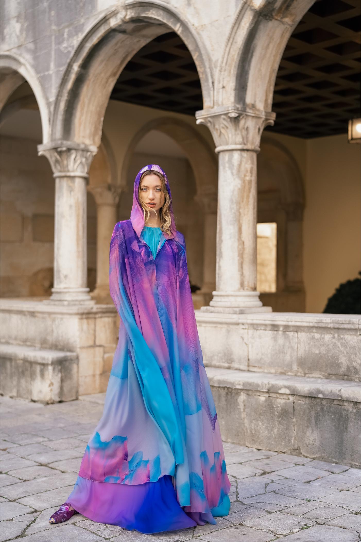 Pink Blue Sunset Print Hooded Abaya Cape