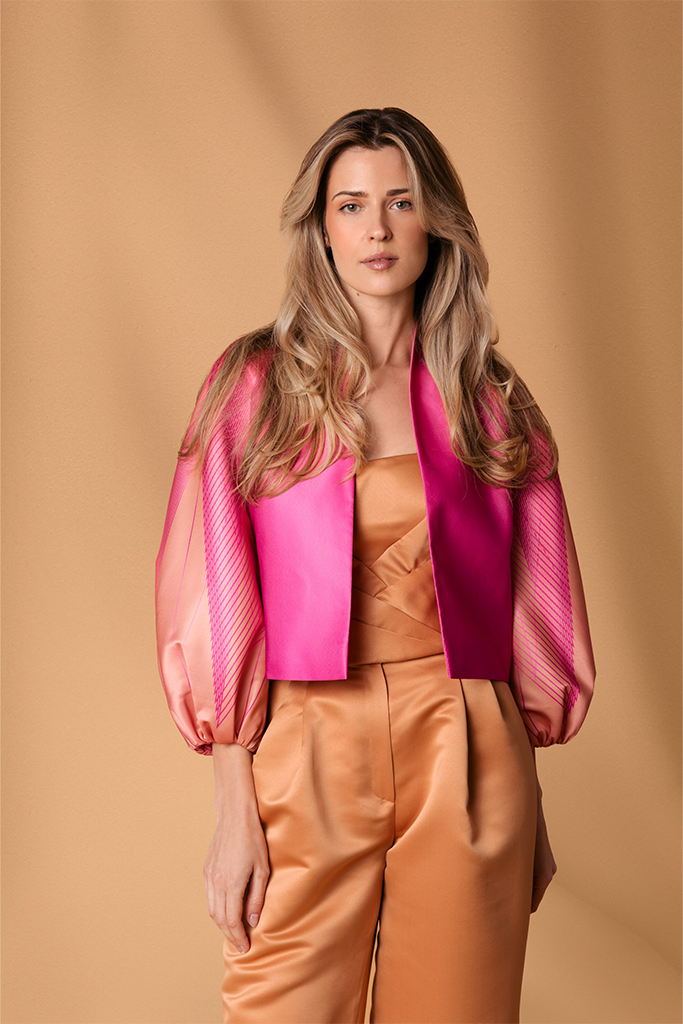 Pink Satin Puff Sleeve Blazer