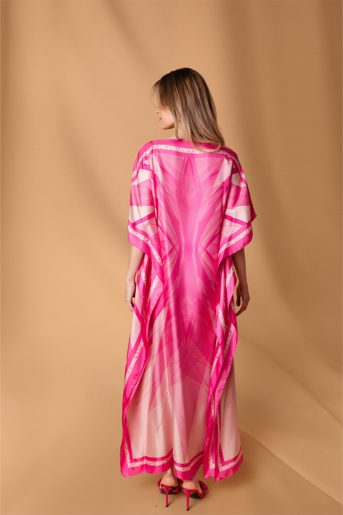 Pink Silk Pictoris Print Kaftan Dress