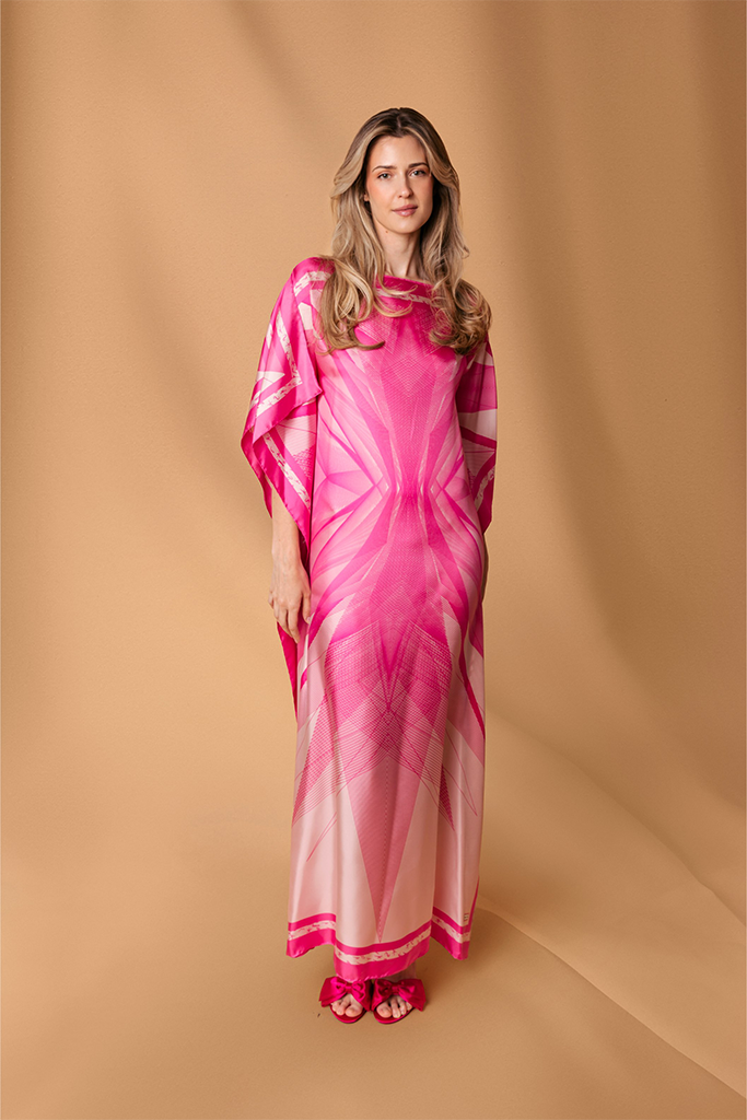 Pink Silk Pictoris Print Kaftan Dress