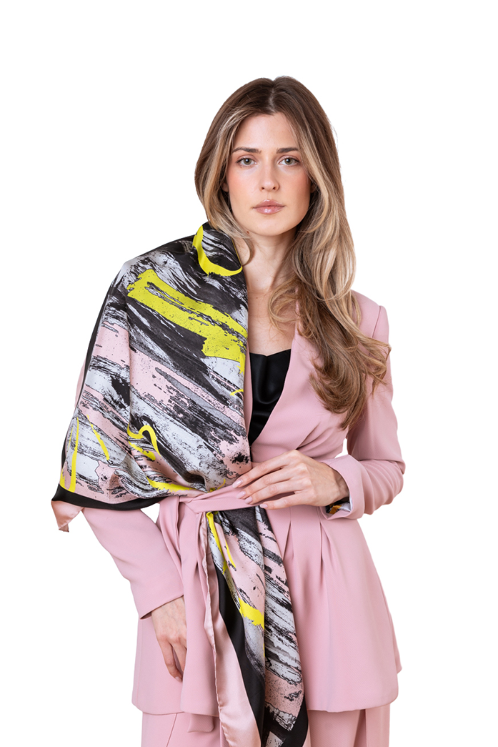 Pink Yellow Black Lines Bosančica Silk Scarf
