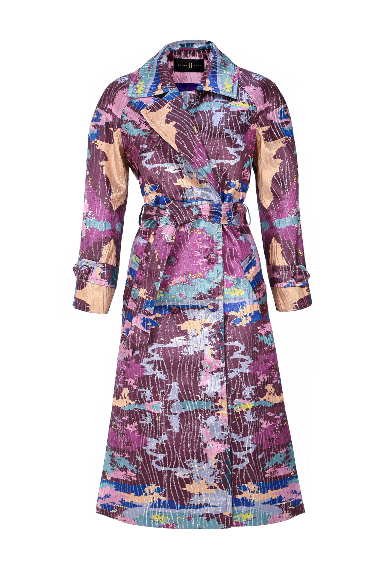 Purple Multicolor Brocade Lapel Trench Coat