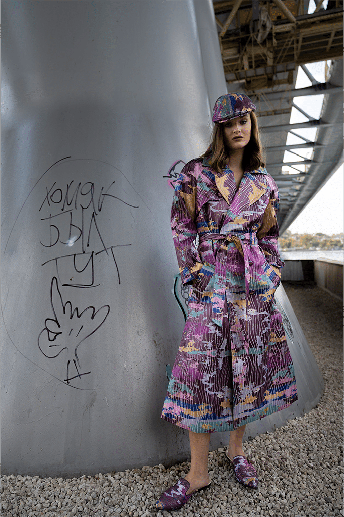 Purple Multicolor Brocade Lapel Trench Coat