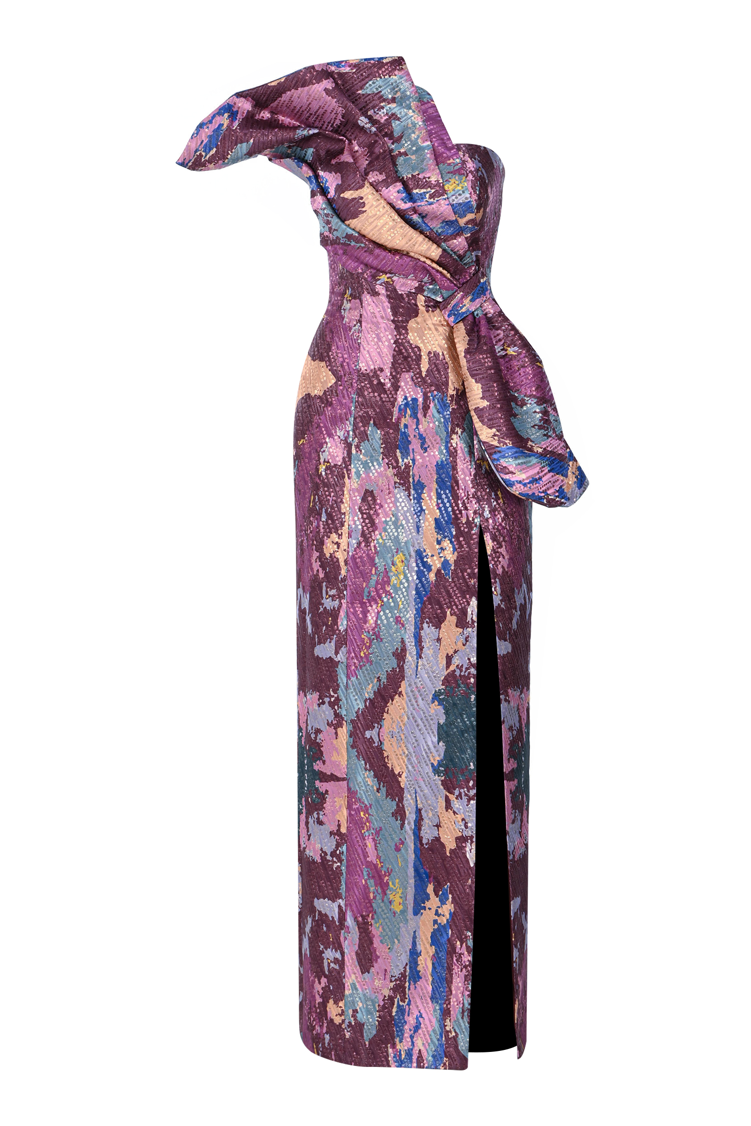 Purple Multicolor Custom Print Brocade Maxi Dress