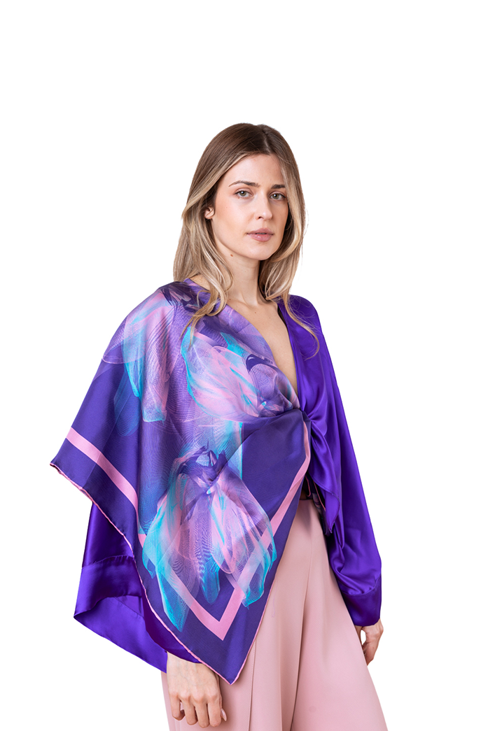 Purple Turquoise Pink Violet Medusae Printed Silk Scarf