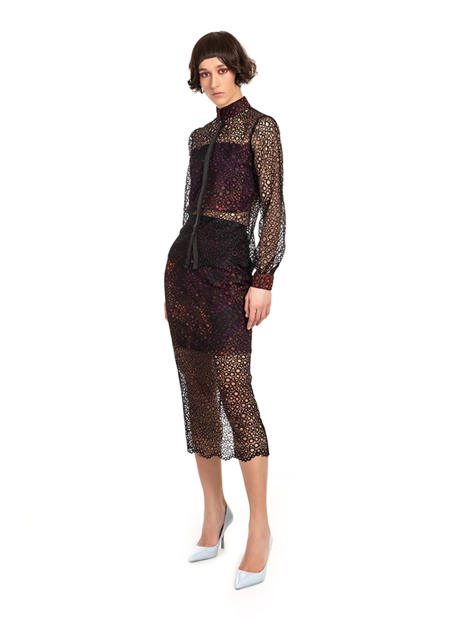 Red Black Lace Pencil Skirt