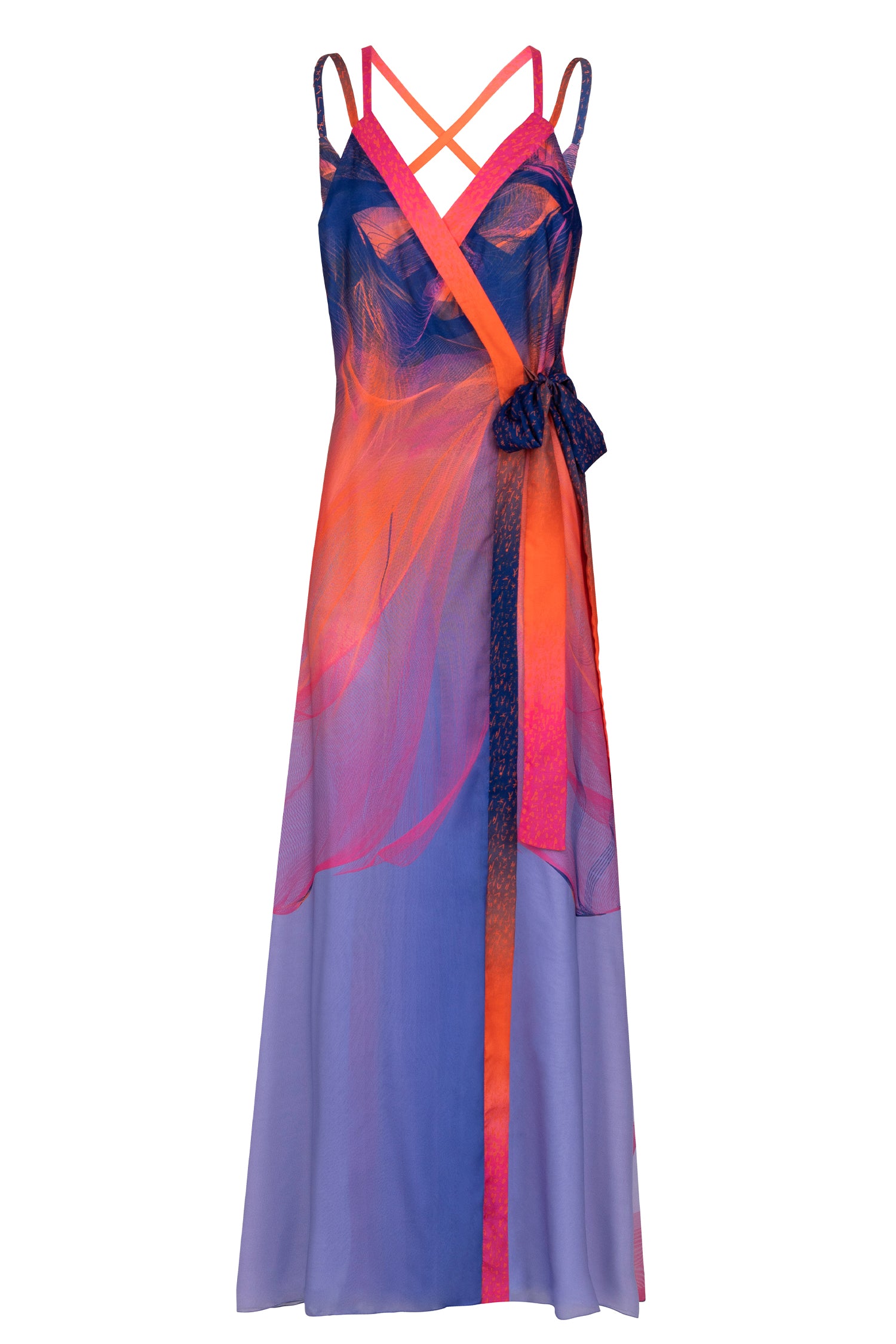 Red Blue Pink Coral Sunset Chiffon Maxi Dress