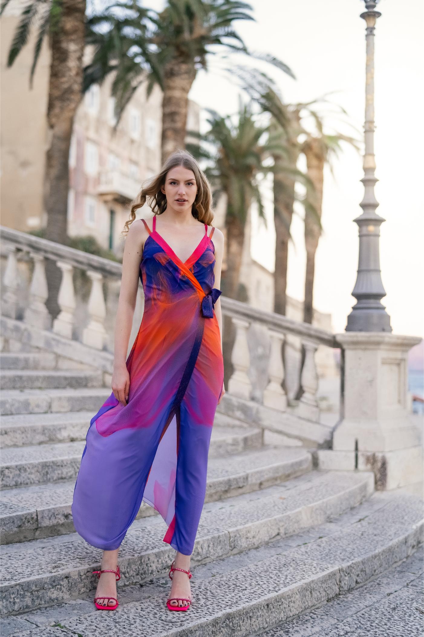 Red Blue Pink Coral Sunset Chiffon Maxi Dress