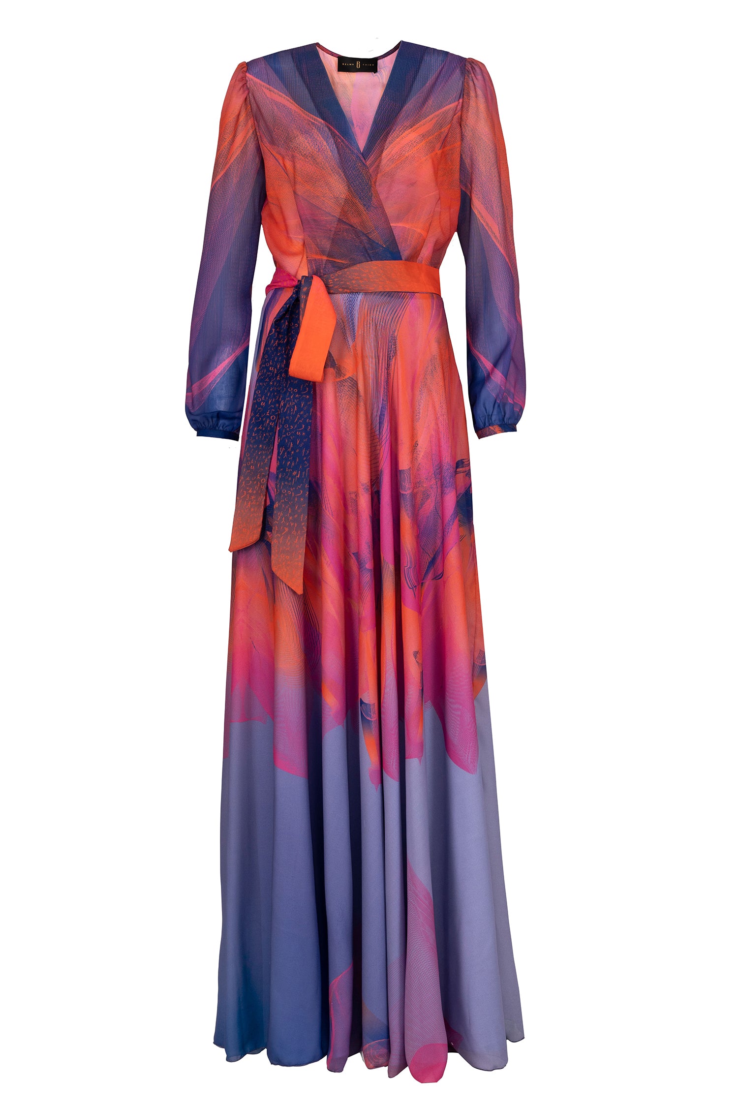Red Blue Pink Coral Sunset Maxi Wrap Dress