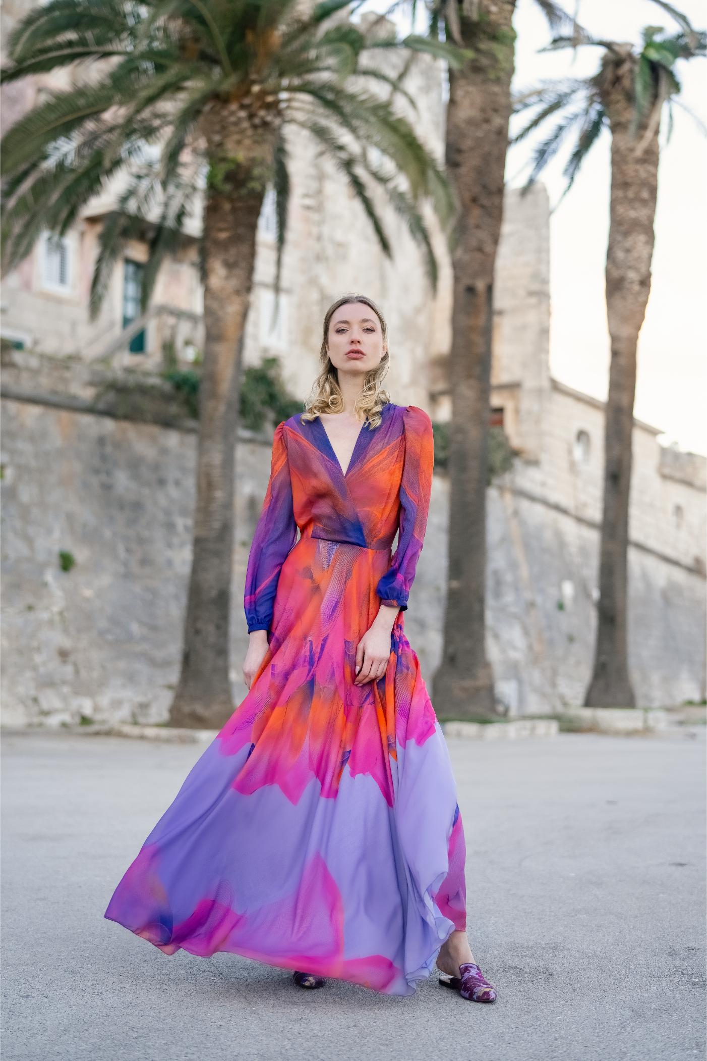 Red Blue Pink Coral Sunset Maxi Wrap Dress