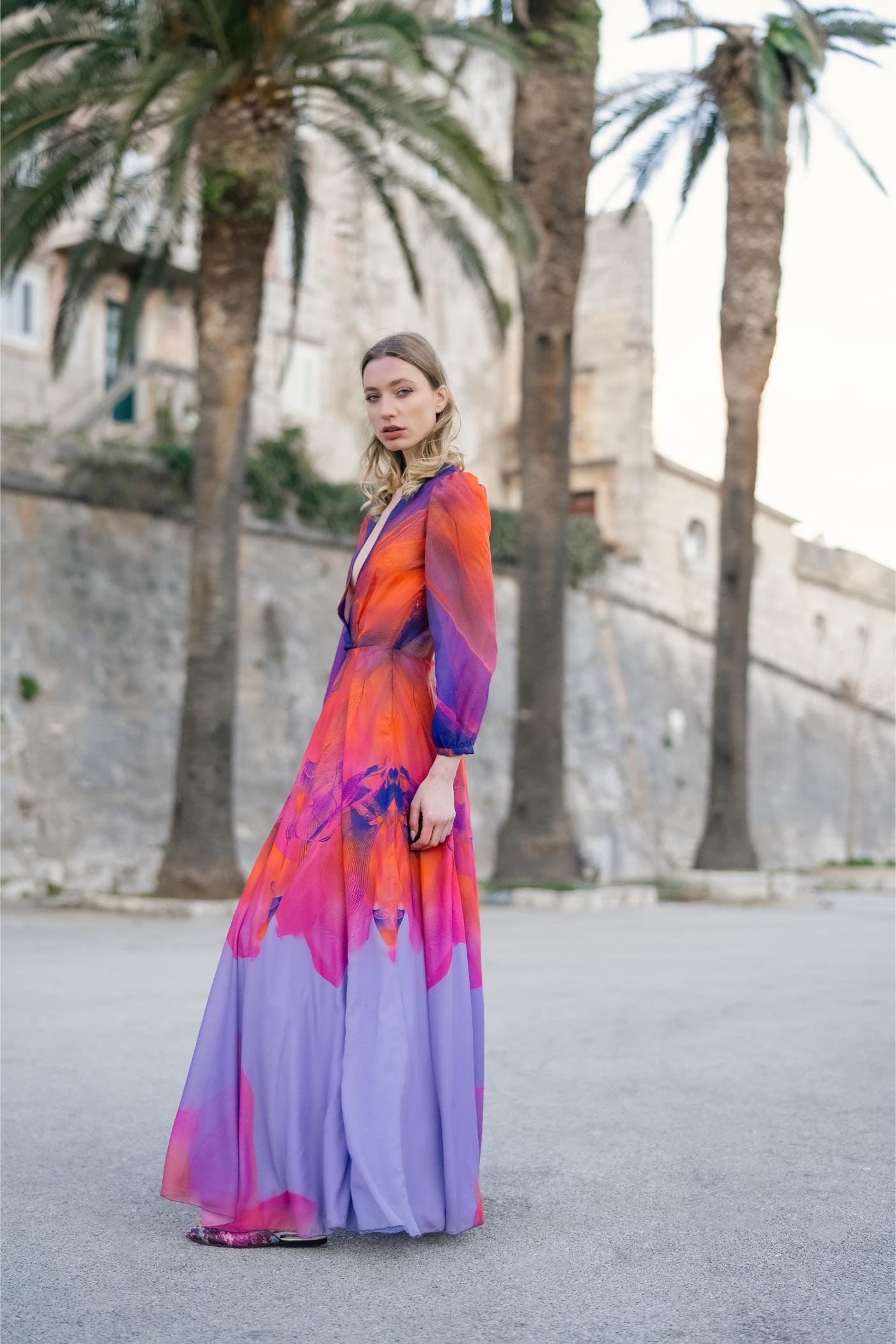 Red Blue Pink Coral Sunset Maxi Wrap Dress