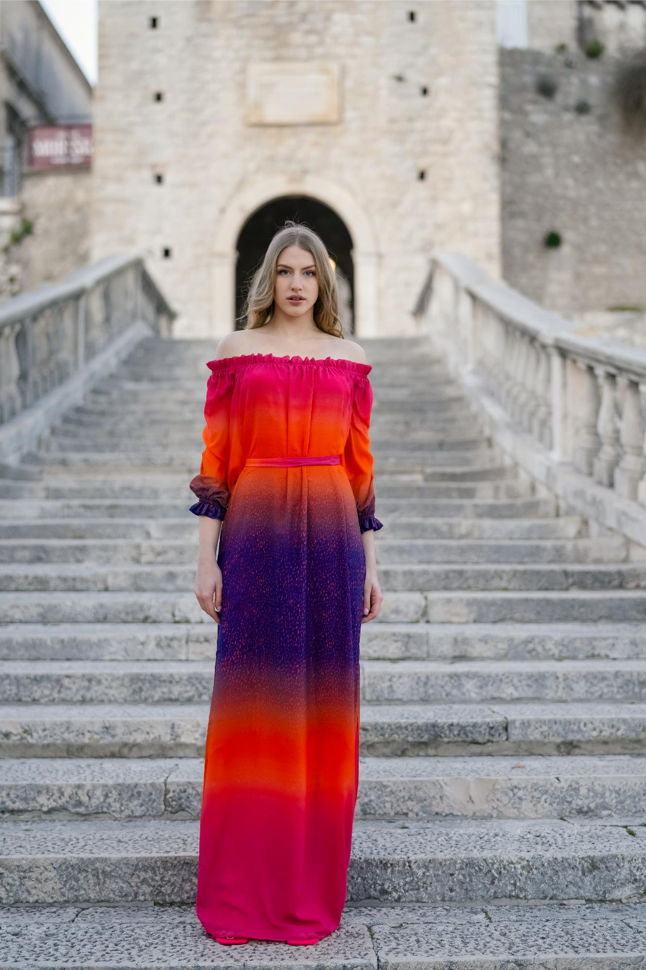 Red Blue Pink Off Shoulder Degrade Maxi Dress