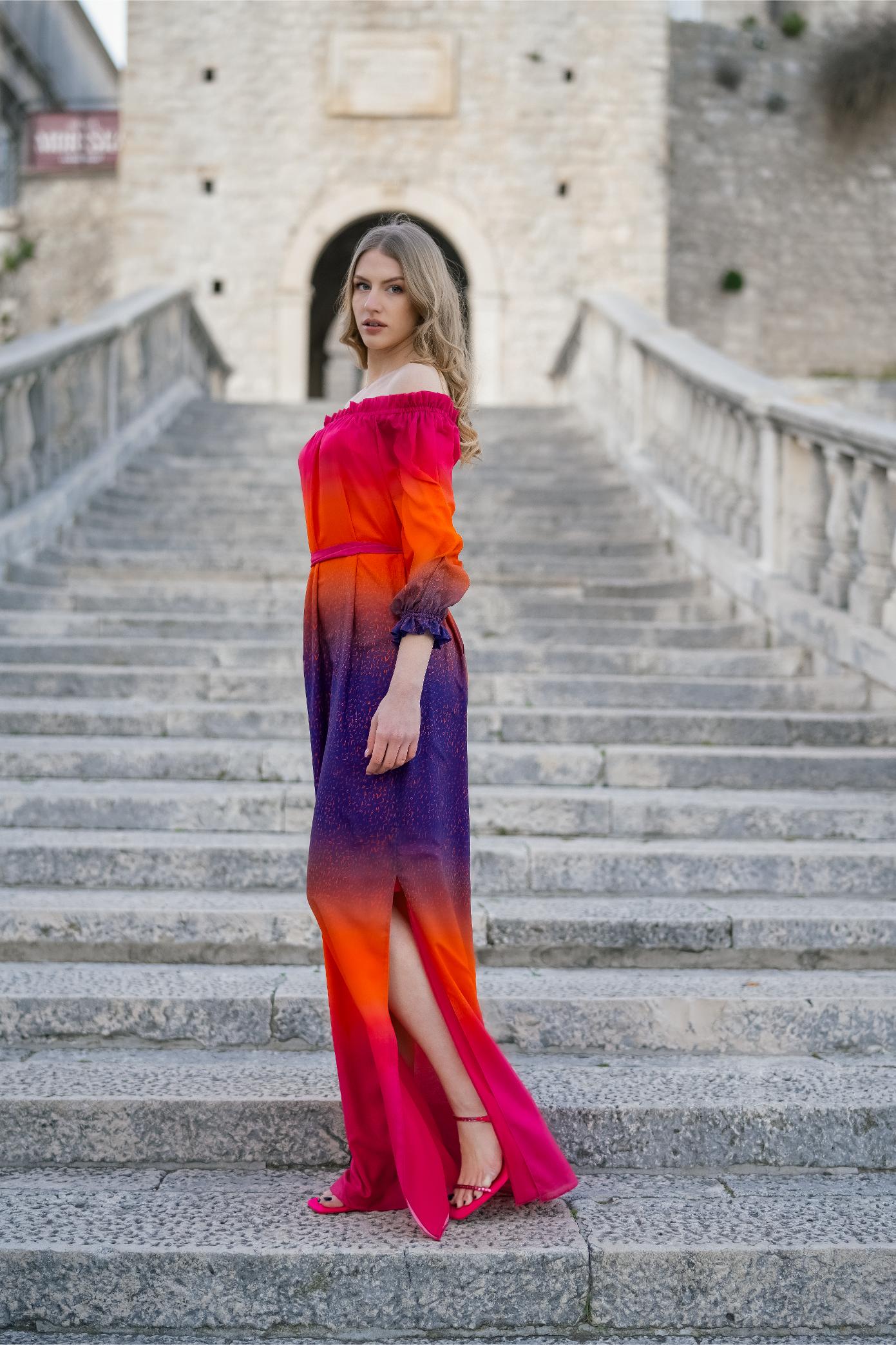 Red Blue Pink Off Shoulder Degrade Maxi Dress