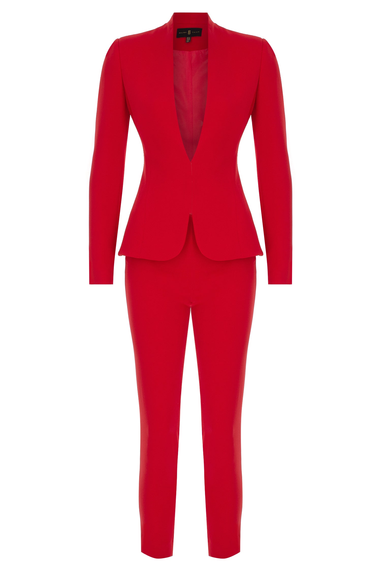 Red Crepe Hip Length Cinched Blazer Suit