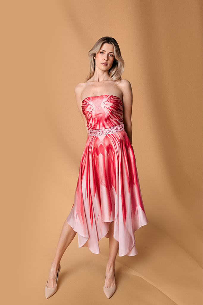 Red Multicolor Asymmetric Silk Twill Skirt