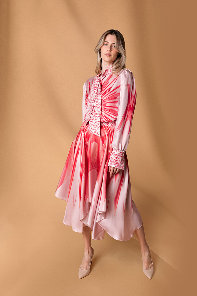 Red Multicolor Asymmetric Silk Twill Skirt