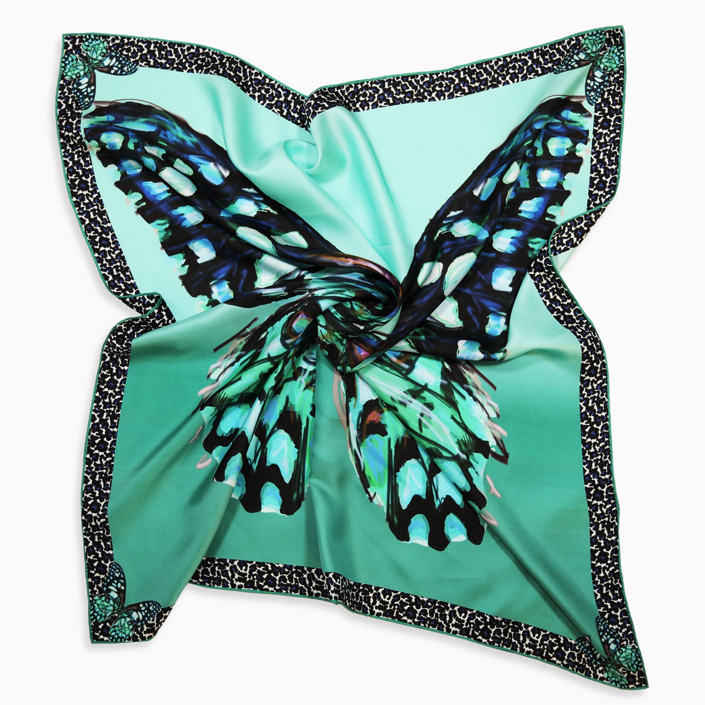 Turquoise Teal Black Mariposa Silk Twill Scarf