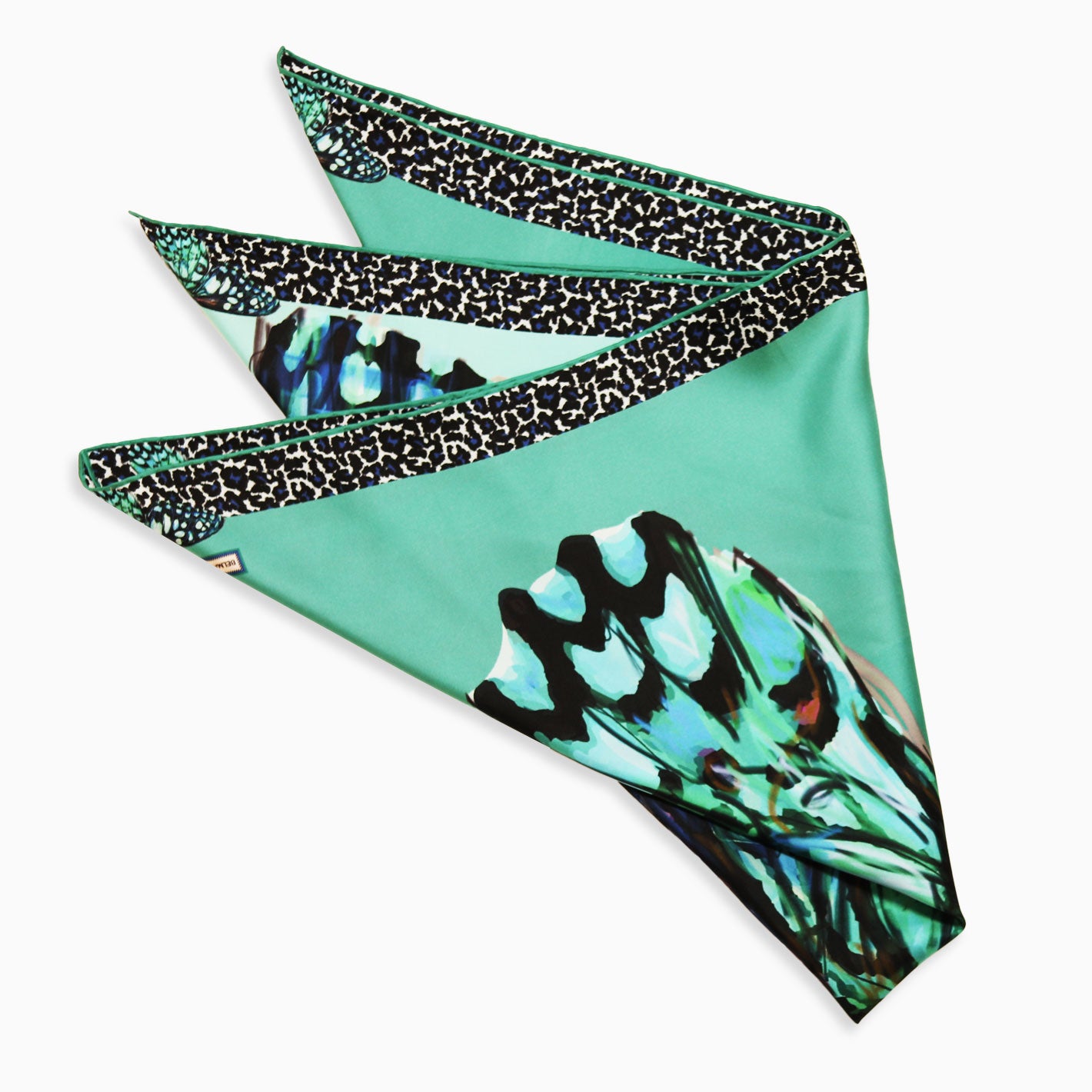 Turquoise Teal Black Mariposa Silk Twill Scarf