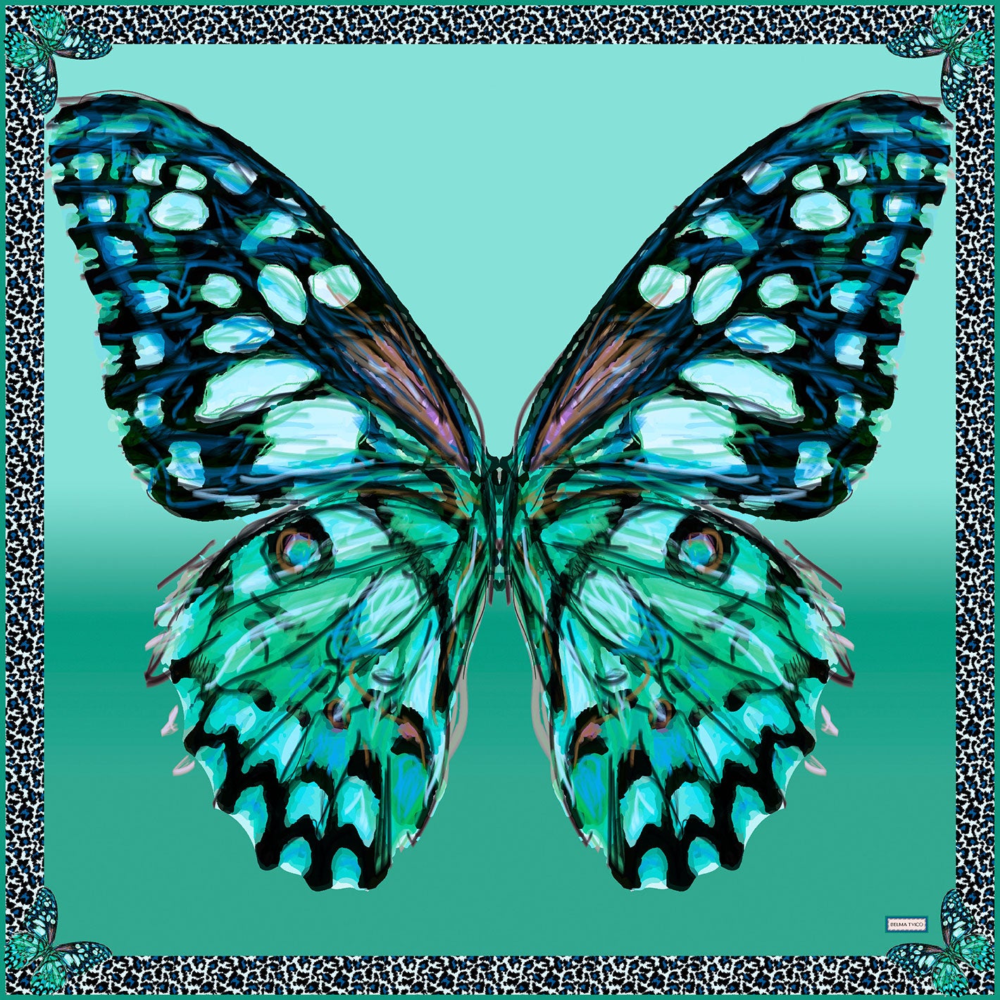 Turquoise Teal Black Mariposa Silk Twill Scarf
