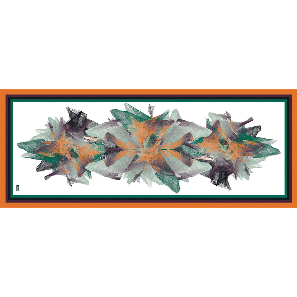 Vivid Orange Green Mauve Yalu Rectangular Printed Silk Scarf