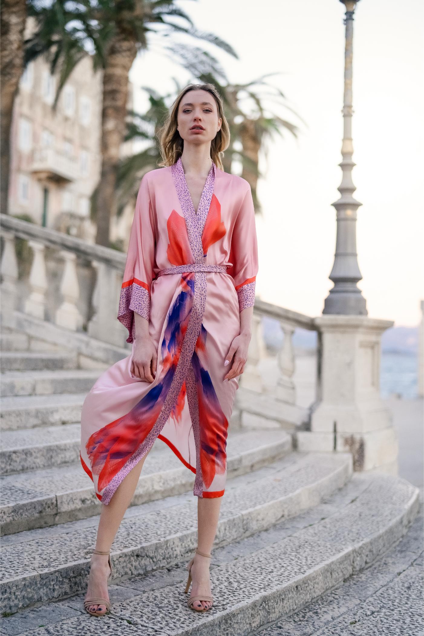 Blue Red Candy Sunset Kimono Silk Dress