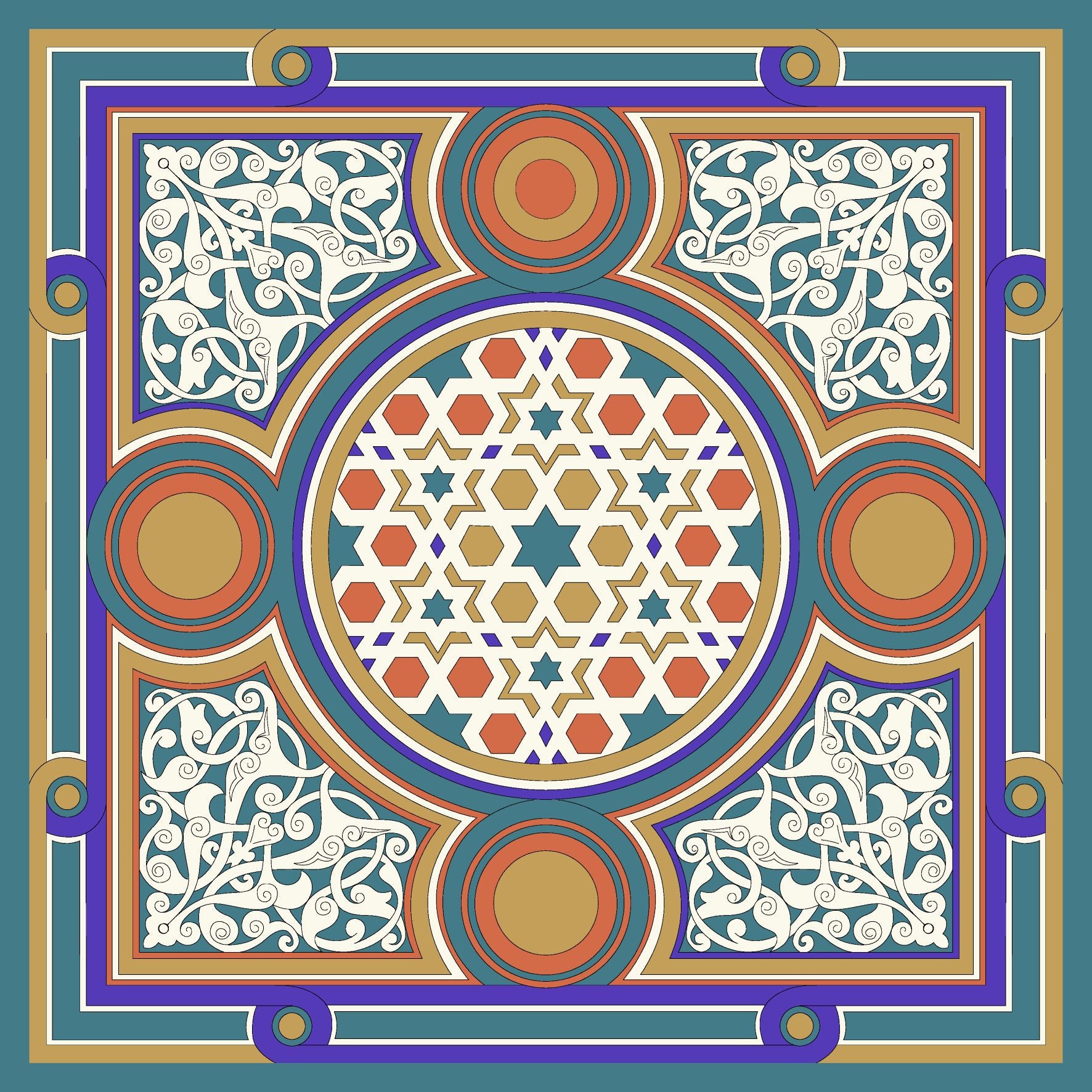 Blue Red Gold Moorish Beauty Silk Twill Scarf