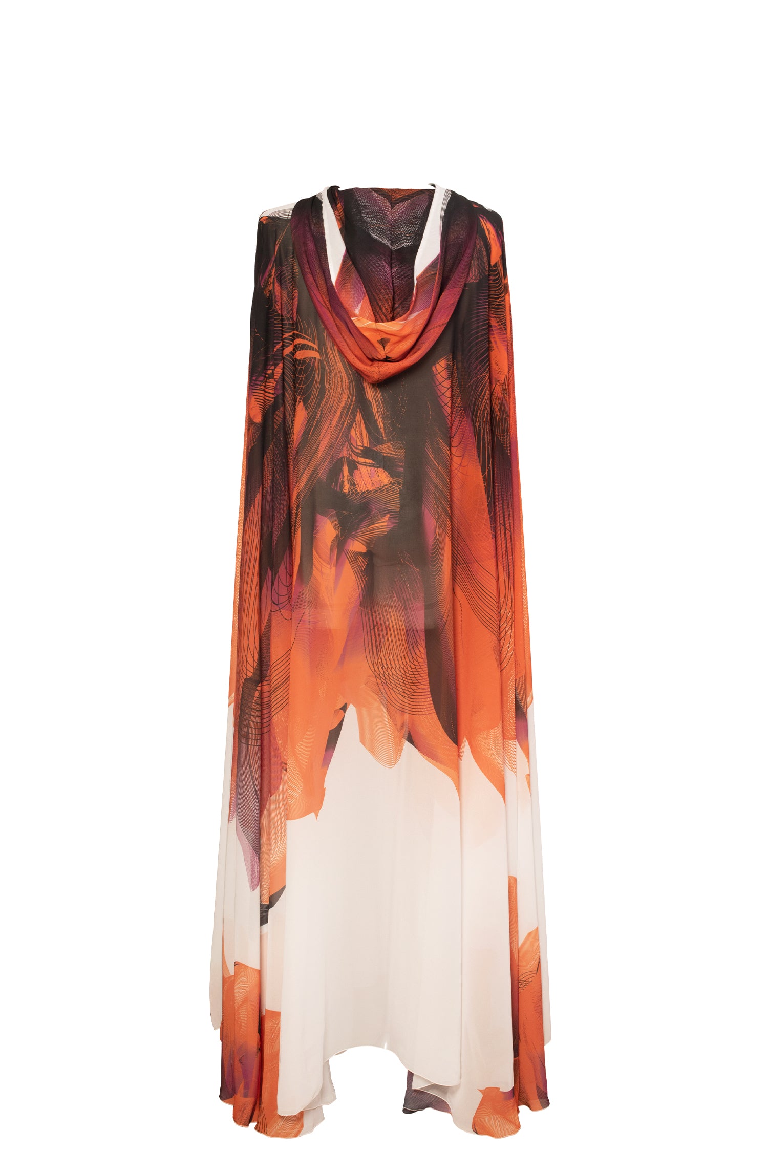 Orange Black White Printed Chiffon Expanding Abaya Cape