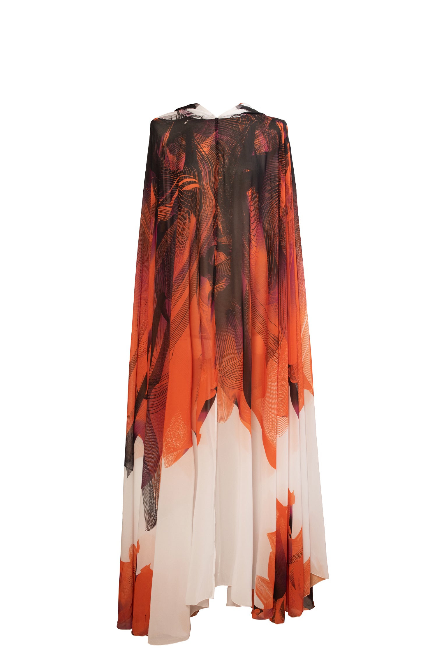 Orange Black White Printed Chiffon Expanding Abaya Cape