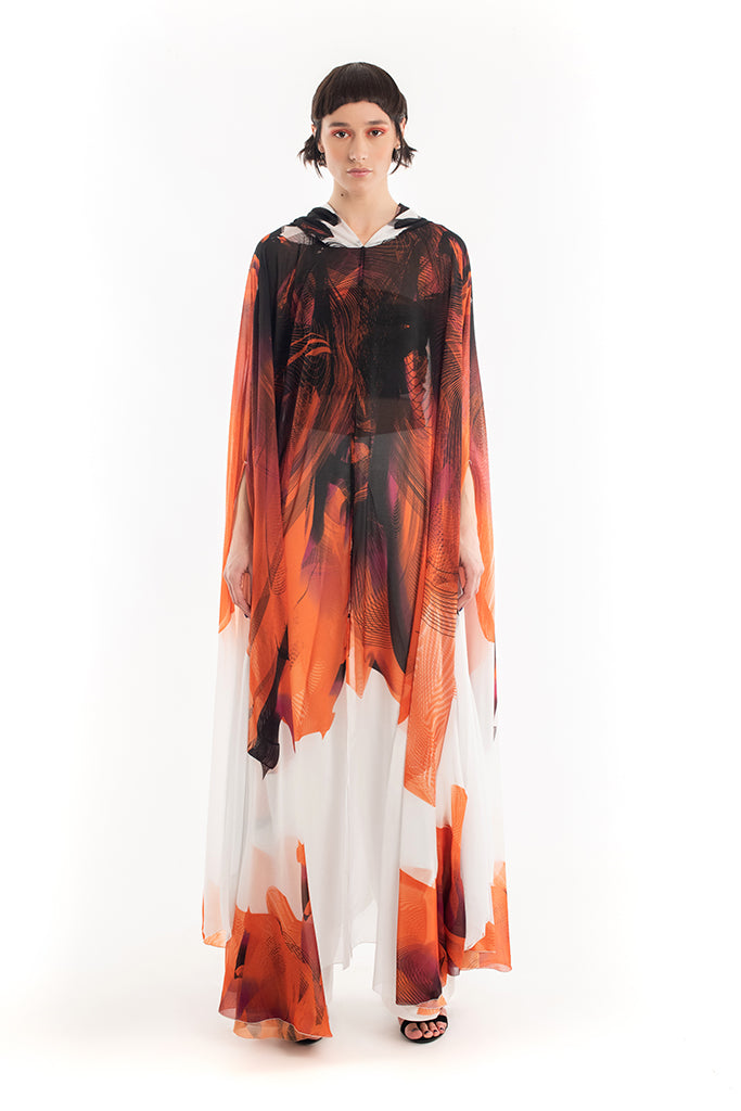 Orange Black White Printed Chiffon Expanding Abaya Cape