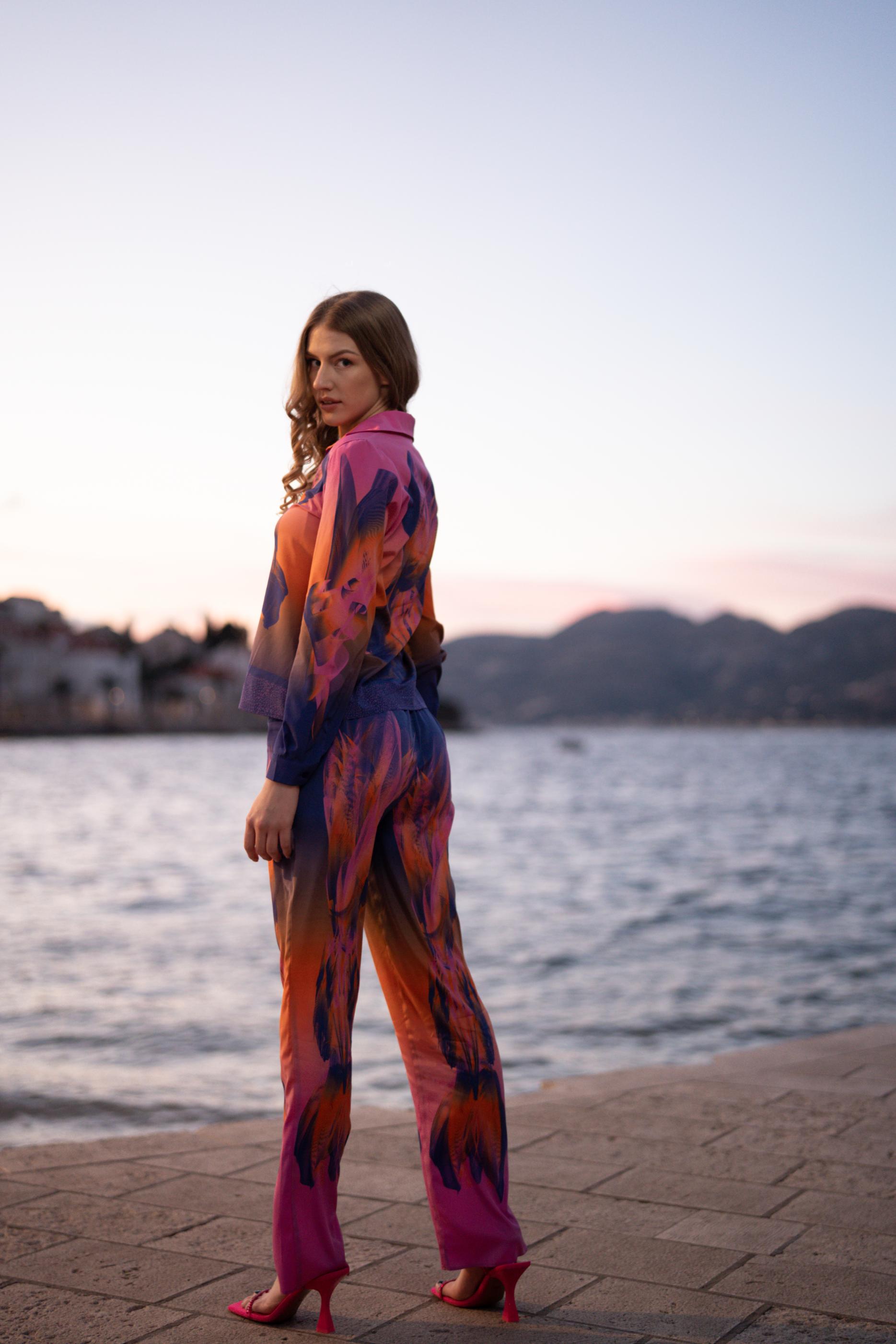 Pink Coral Sunset Print Silk Shirt