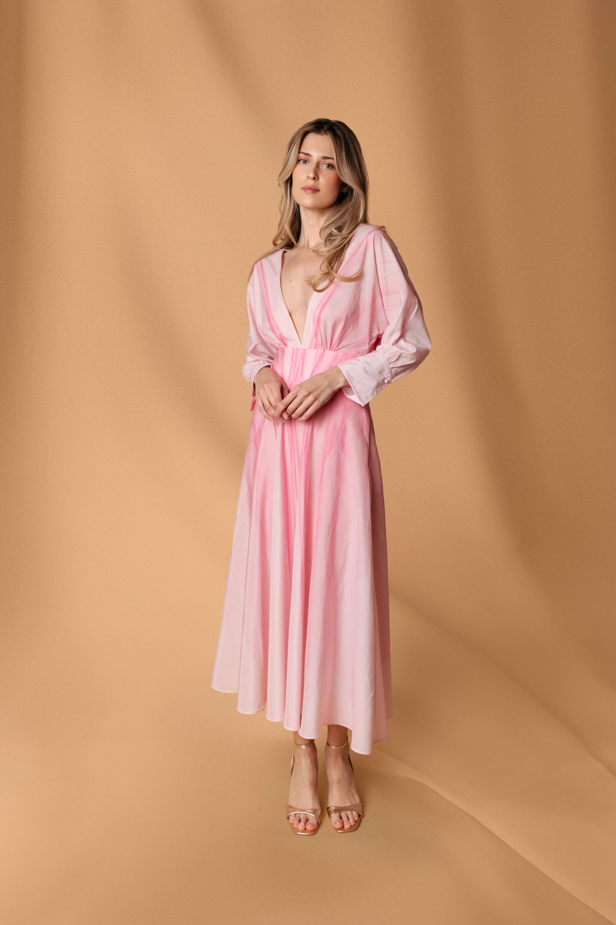 Pink White Silk Cotton Midi Dress