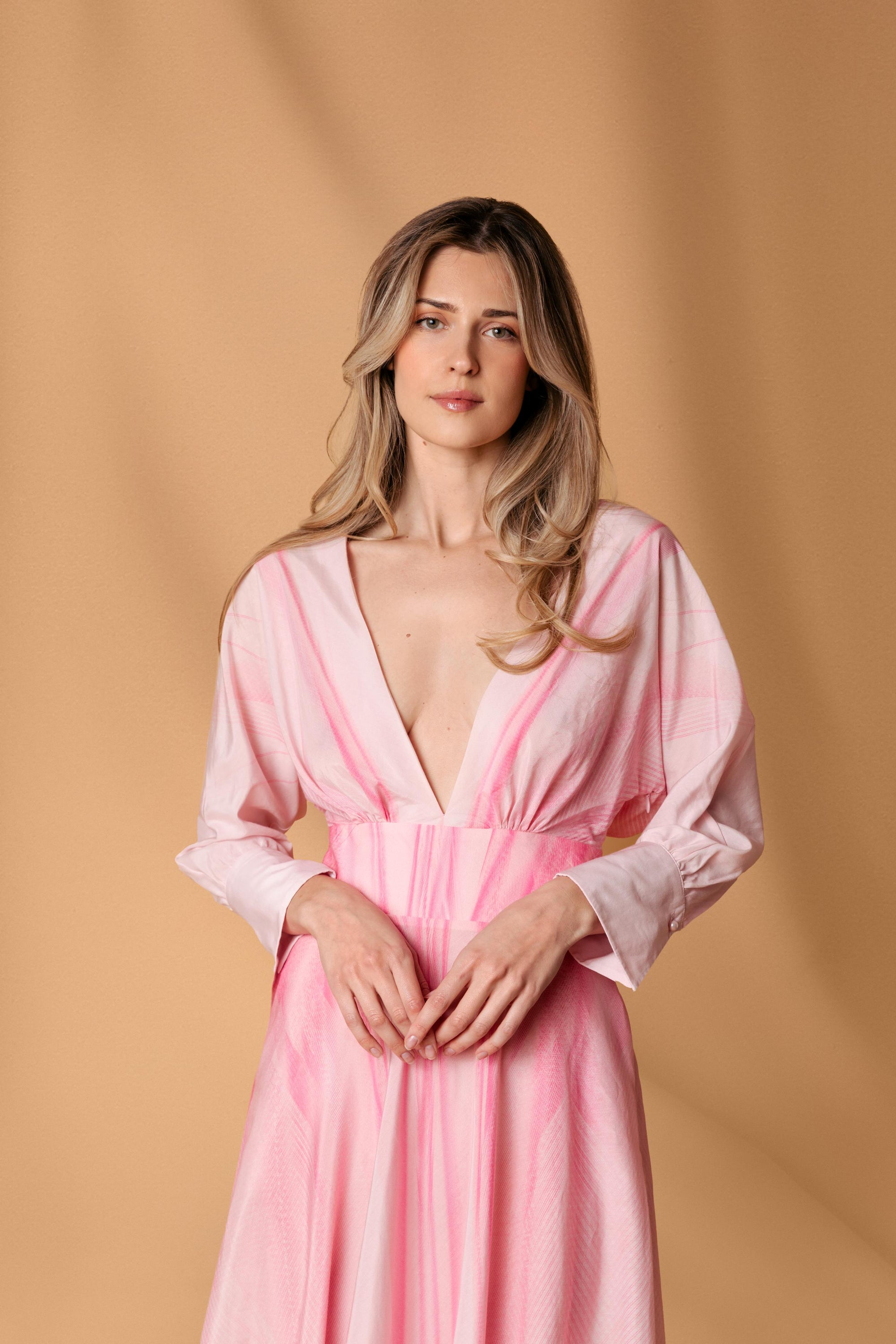 Pink White Silk Cotton Midi Dress