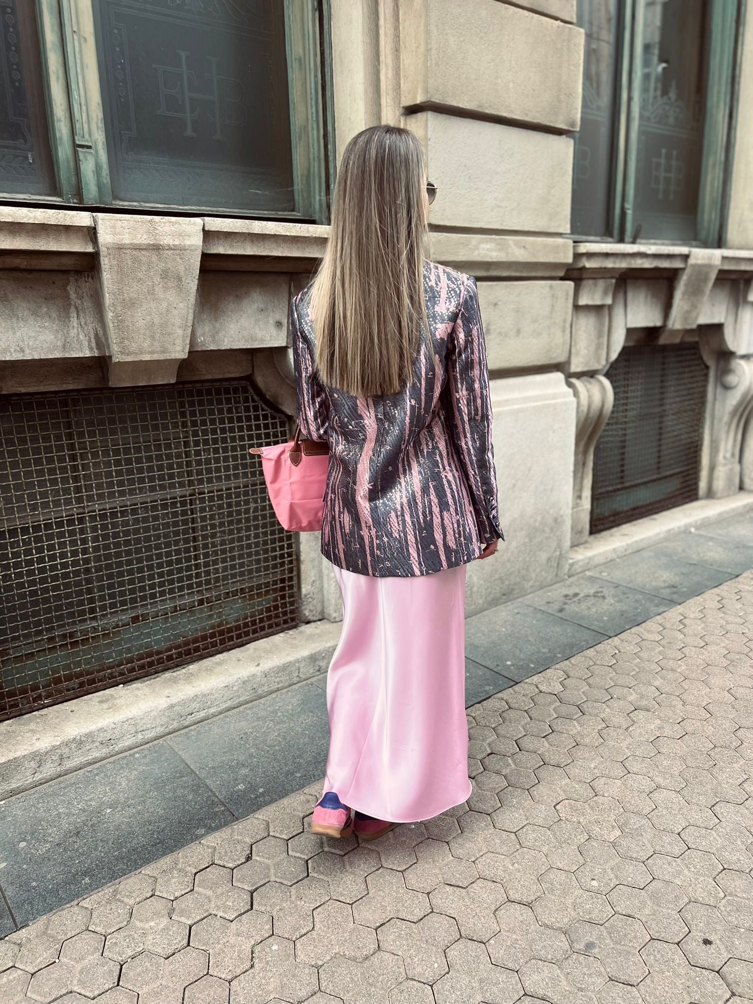 Blue Pink Bosančica Print Metallic Brocade Blazer