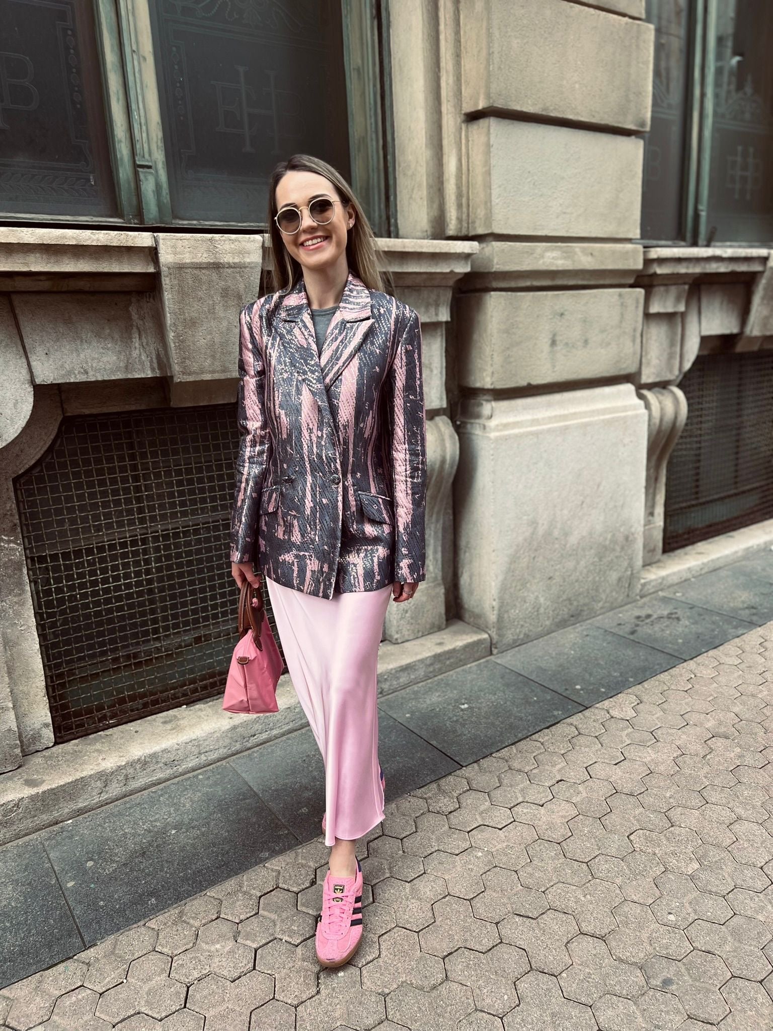 Blue Pink Bosančica Print Metallic Brocade Blazer